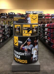an in-store display featuring baseball gear